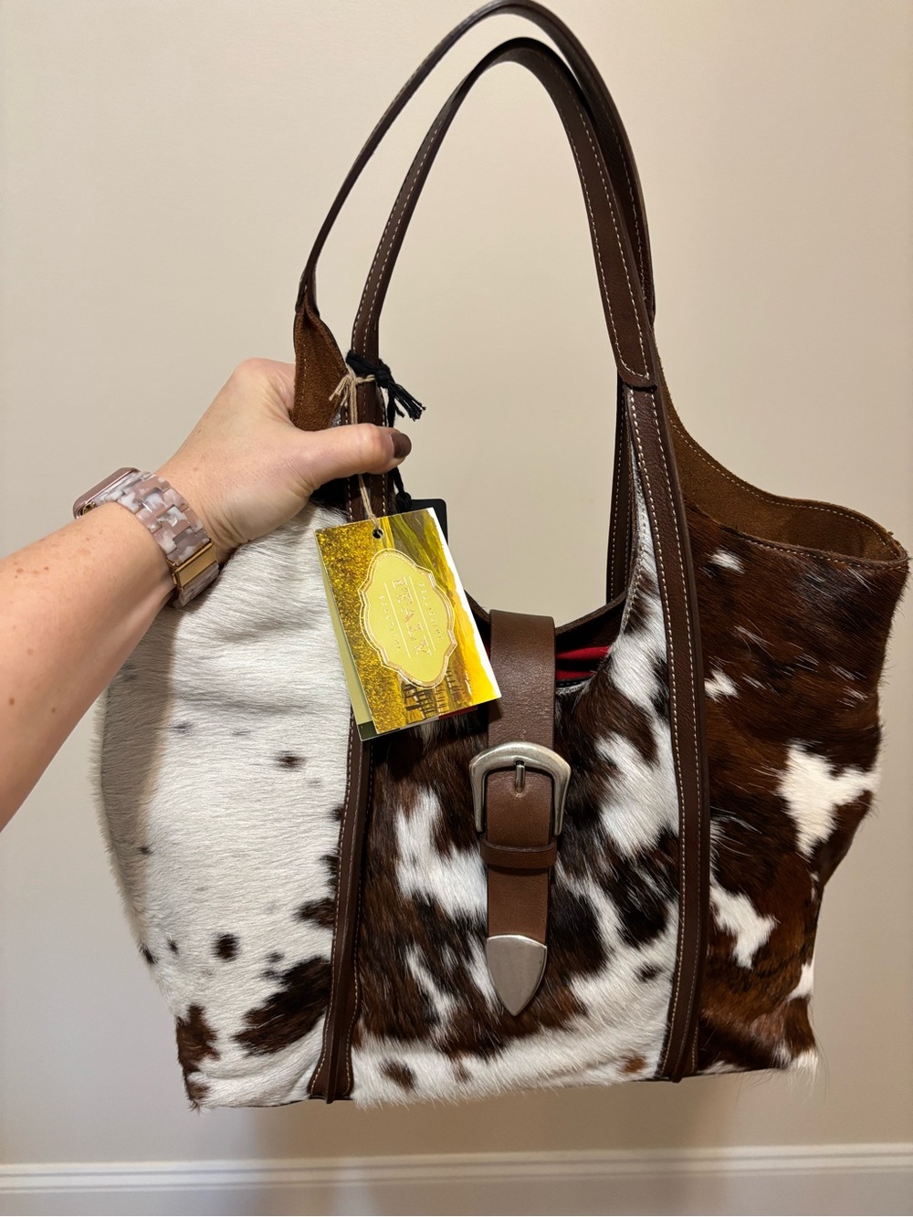 Made in Italy Cowhide Tote with Brown Leather Trim and Buckle Accent